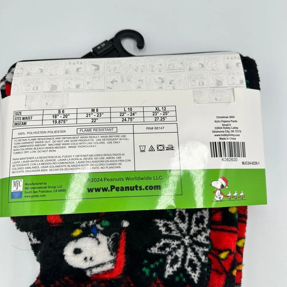 Peanuts Snoopy Christmas Kids Unisex Sleep Pajama Pants Black Red Small 6 NEW